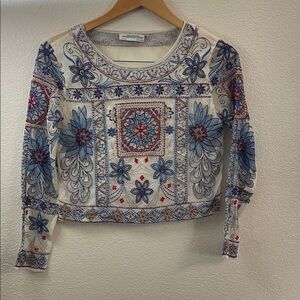 Zara woman Blue Embroidered beaded sheer cropped Blouse romantic boho feminine S